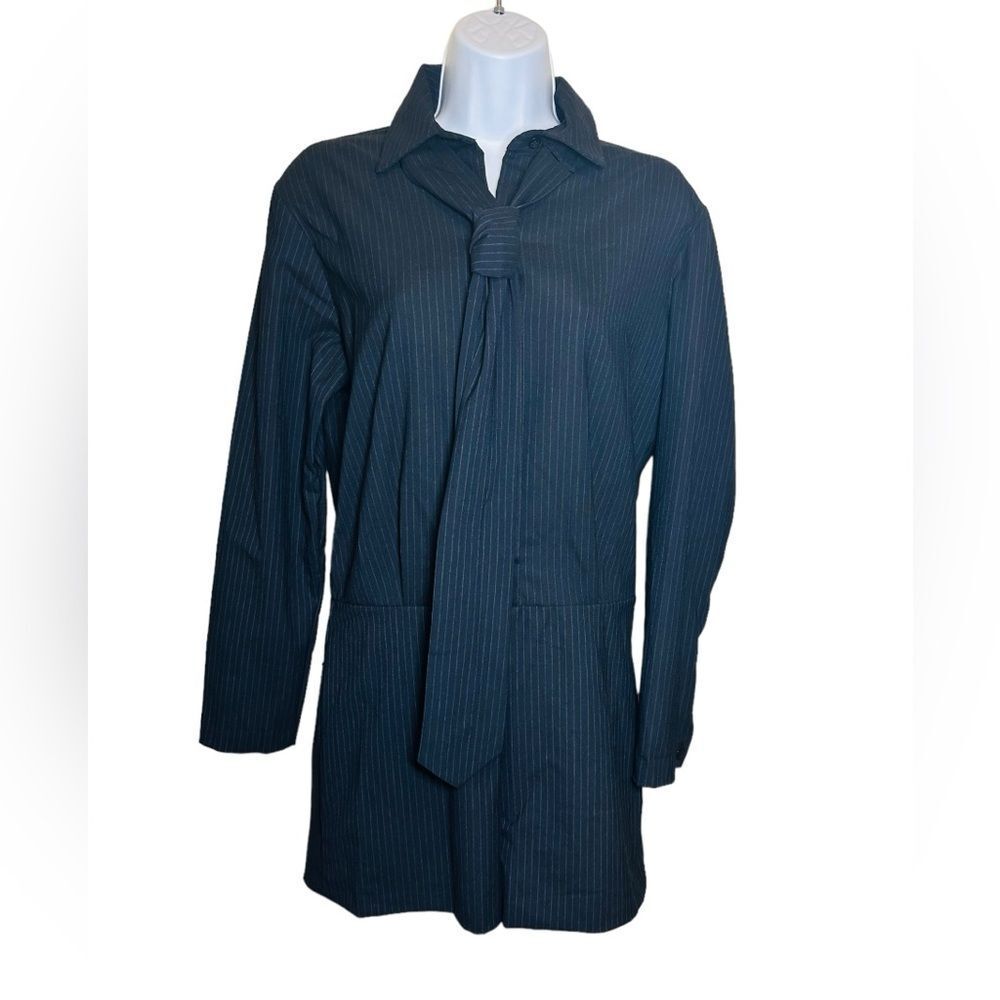 Zara Pinstripe With Tie Short Shorts Romper Blue Long Sleeves Size Medium NWT